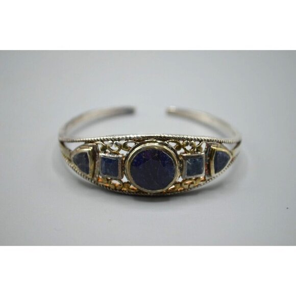 Navy Blue Stone Bangle Bracelet Sterling Silver 925 Filigree 23.03g 2.25" - Picture 6 of 8